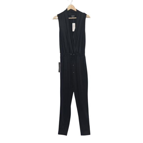 bebe Pants - NWT BEBE Womens Slick Shine Black Draped Smocked Waist Stretch Jumpsuit Sz Small